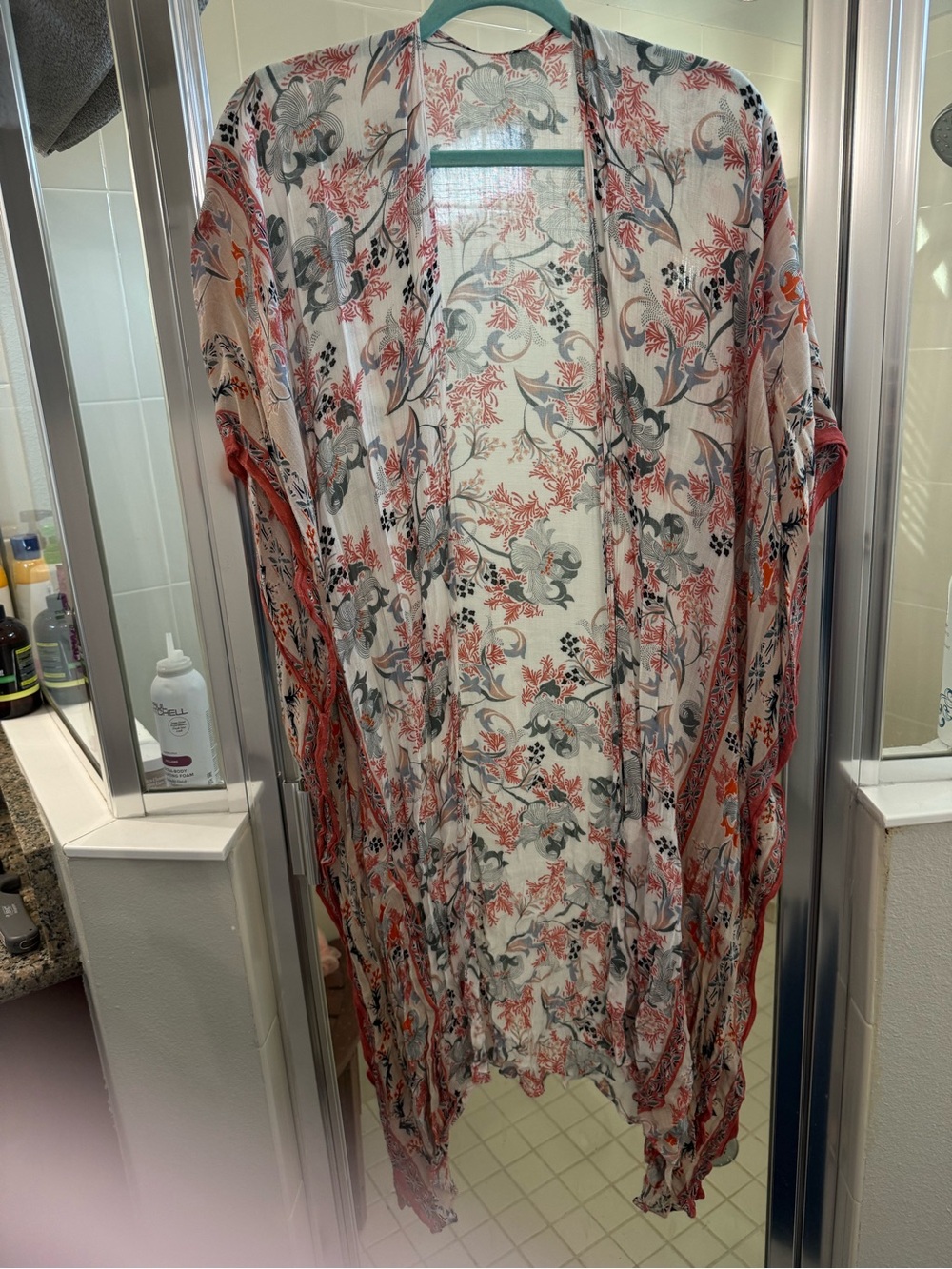 lovestitch Floral Sheer Kimono in White, Coral & Gray